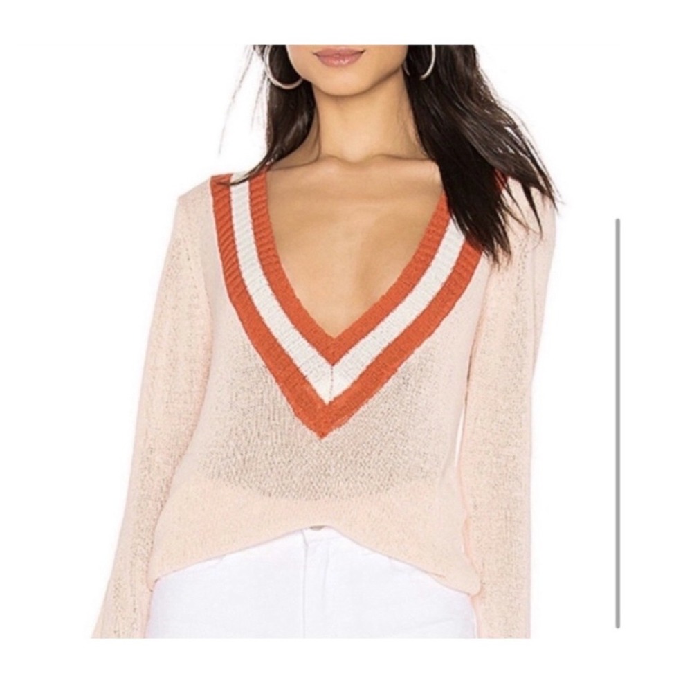 Superdown Womens Deep V-Neck Varsity Stripe Knit Sweater Peach Orange Medium